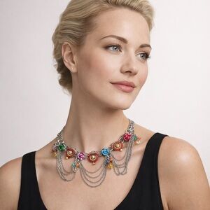 Unique floral charm necklace. ⛓️‍💥 chain w/silver plated finish. Multicoloured.